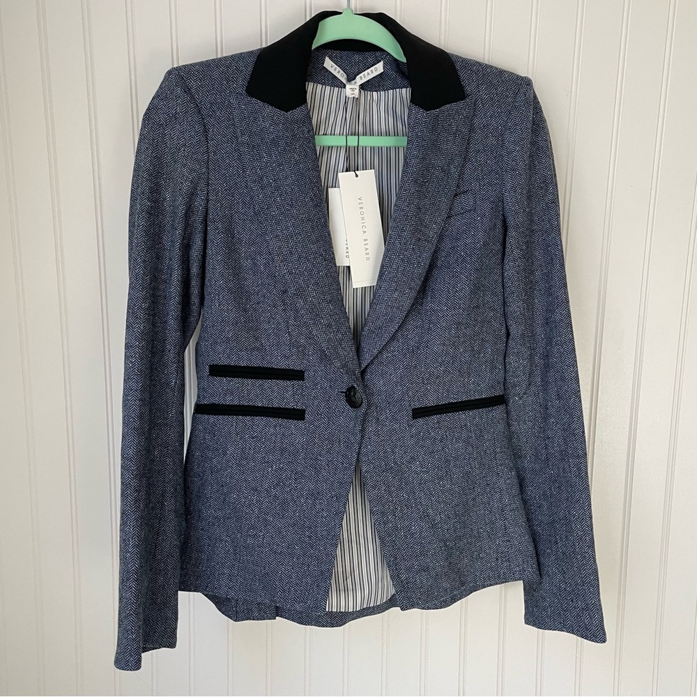 Veronica Beard Gia Peak Lapel Jacket Blue & Black Chevron Blazer Size 00